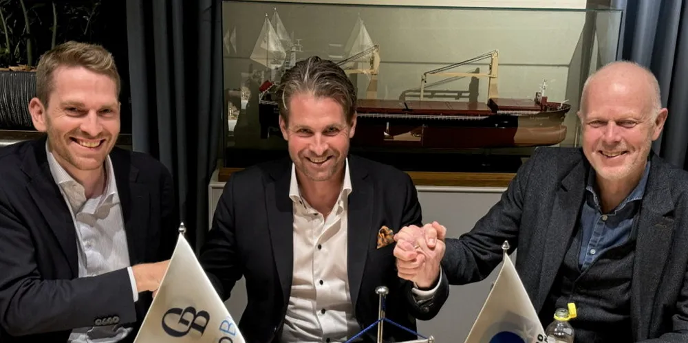 (From left) Navalis Shipping managing director Simon tom Worden, Dalaro Shipping CEO Rickard Svenson and Oslo Bulk CEO Alf Andersen agree the cooperation.