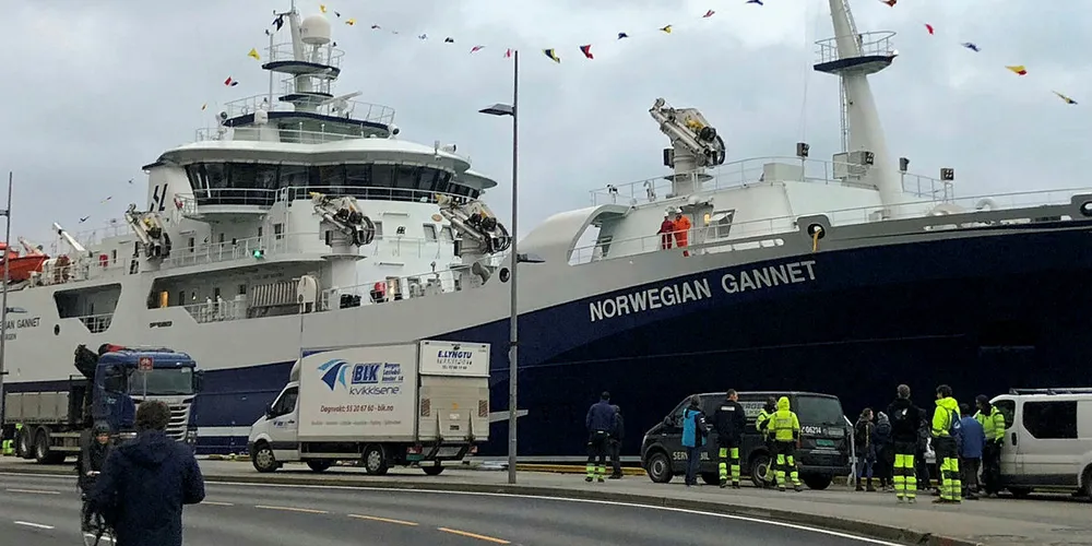 FÅR INGEN BETYDNING: Omtalen av produksjonsfisk i regjeringserklæringen ikke får noen betydning for saken om slaktebåten «Norwegian Gannet» (bildet), ifølge NFD.