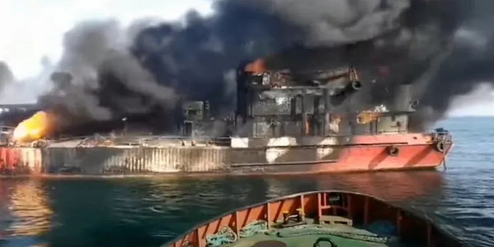 The Moldova-flagged bunker vessel Millennial Spirit after being hit in the first of two attacks in February 2022.