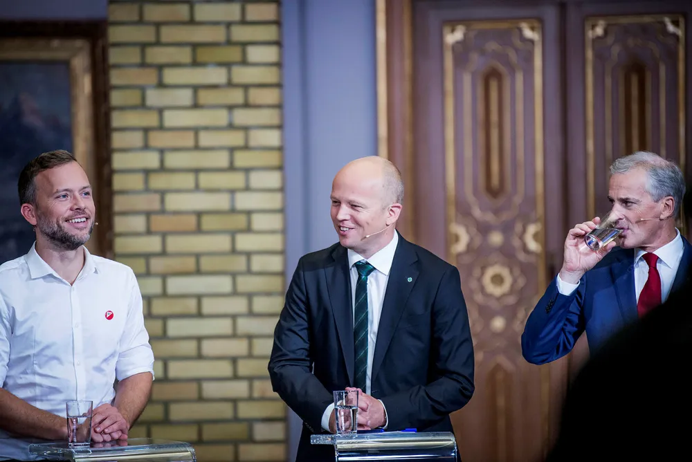 Det ble et historisk lokalvalg for Trygve Slagsvold Vedum (i midten) og Senterpartiet. Til venstre for han er SV-leder Audun Lysbakken, og Arbeiderparti-leder Jonas Gahr Støre til høyre. Her fra partilederdebatten mandag kveld.