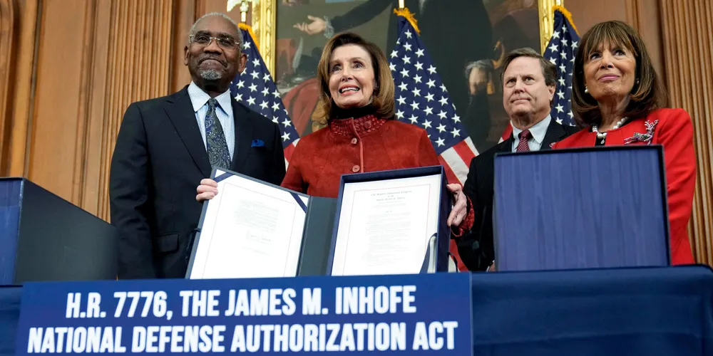 (From left) Representative Gregory Meeks, speaker of the US House of Representatives Nancy Pelosi and representative Jackie Speier attend a news conference to pass the National Defense Authorization Act in December 2022. The Safer Seas Act was included within it.