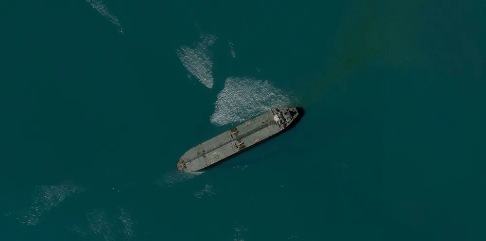 A satellite image from Planet Labs PBC shows the seized oil tanker Niovi off the coast of Bandar Abbas, Iran, on 6 May.