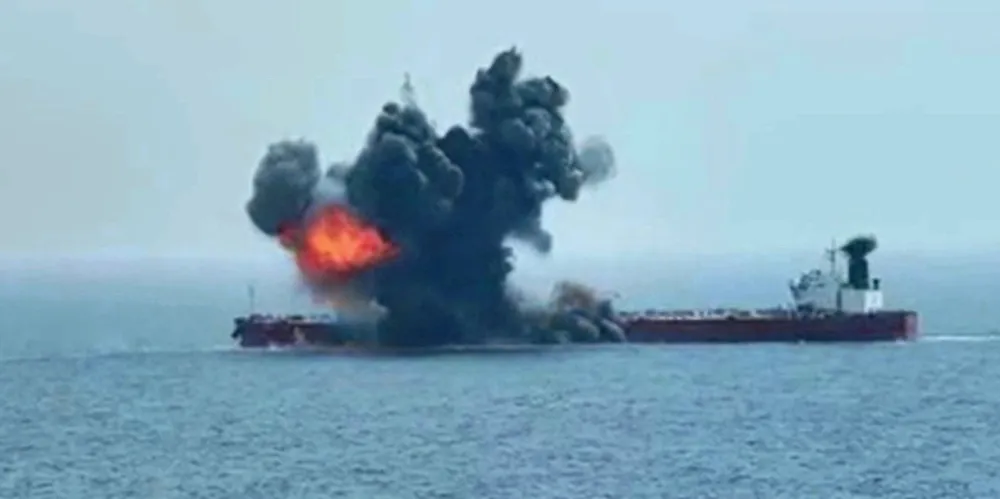 A Houthi video shows an explosion emanating from a tanker underway in the Red Sea.