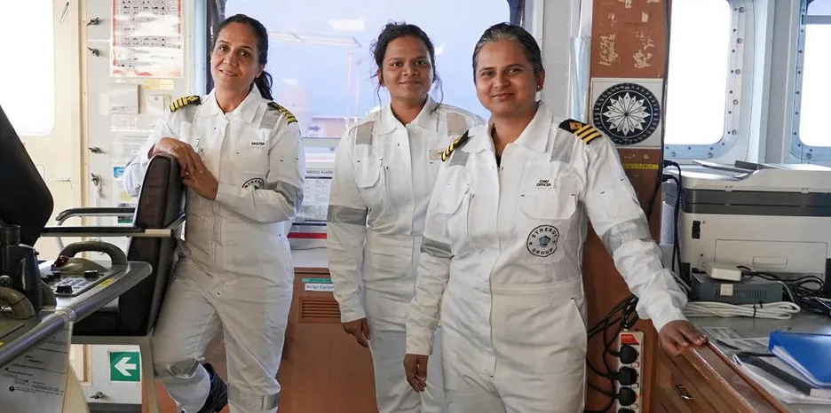(From left) Captain Radhika Menon, third officer Noopur Mohire and chief officer Reshma Murkar try out the new gear.