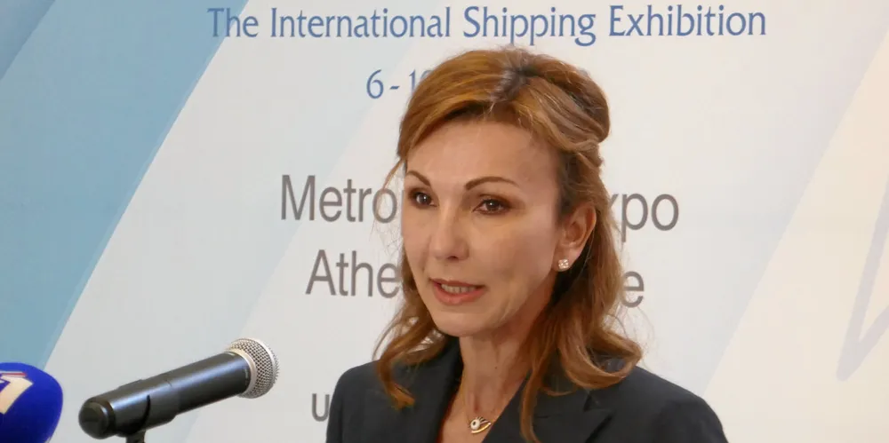 Melina Travlos of the Union of Greek Shipowners speaks at the Posidonia 2022 press conference.