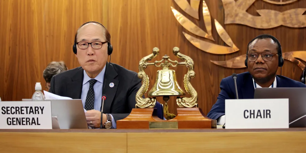 The International Maritime Organization’s Kitack Lim (left) attends the Marine Environment Protection Committee meeting. Committee chairman Harry Conway presides over the meeting in London. Photo: IMO