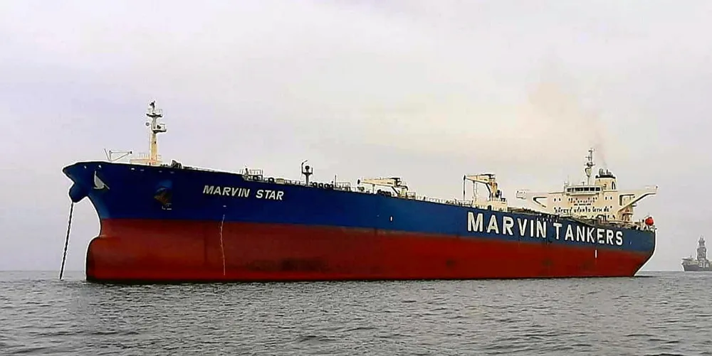 The suezmax tanker Marvin Star at anchor in Walvis Bay. The arrested tanker, which was previously managed by Marvin Shipping of Greece, will be sold in a court-ordered sale in June.