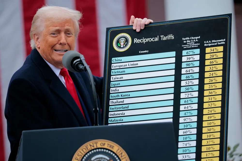 President Donald Trump holds up a chart of "reciprocal tariffs" while speaking during a “Make America Wealthy Again” trade announcement event at the White House