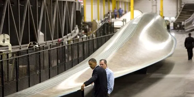 President Obama on a visit to Siemens blade plant in Iowa.
