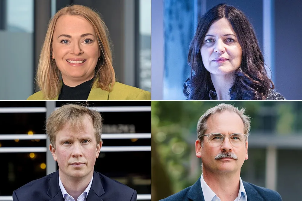 Fire eksperter vurderer utviklingen av konkurser i Norge. Øverst fra venstre Siri Jensen i Fair, Nina Solli i NHO, Morten Trasti i Intrum og Per Fjærestad i Creditsafe.