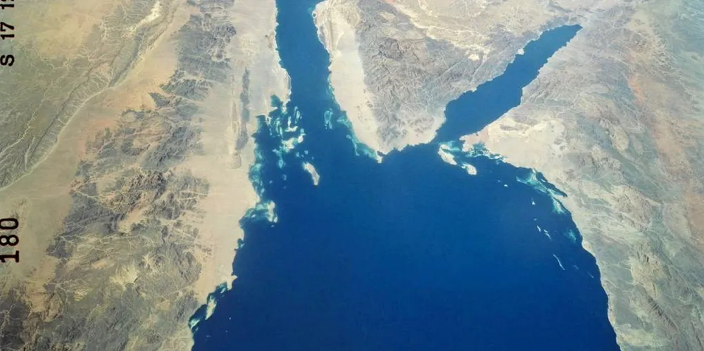 A satellite image of the Sinai Peninsula and the Red Sea, where Houthi forces have attacked commercial shipping.