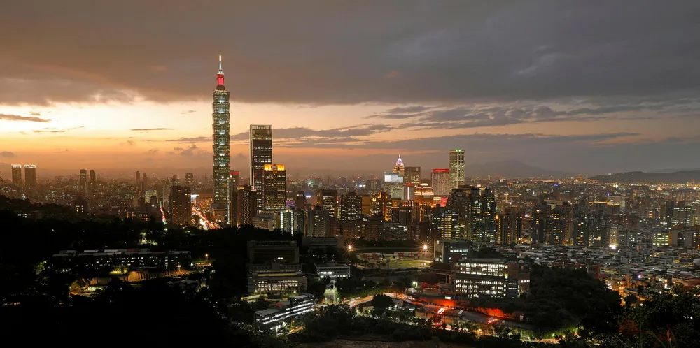 The Taipei skyline at sunset in Taiwan's capital.