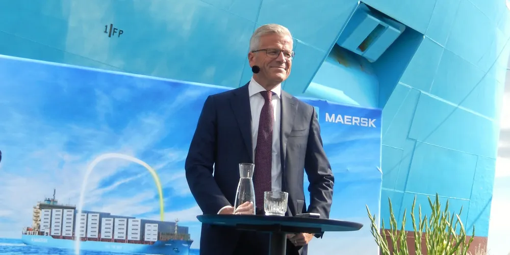 AP Moller-Maersk CEO Vincent Clerc at the name ceremony for the 2100-teu methanol dual fuel Laura Maersk (built 2023) in Copenhagen.