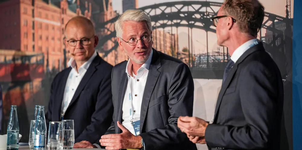 Reinhard Luken (left) talks to TradeWinds’ Julian Bray in Hamburg.
