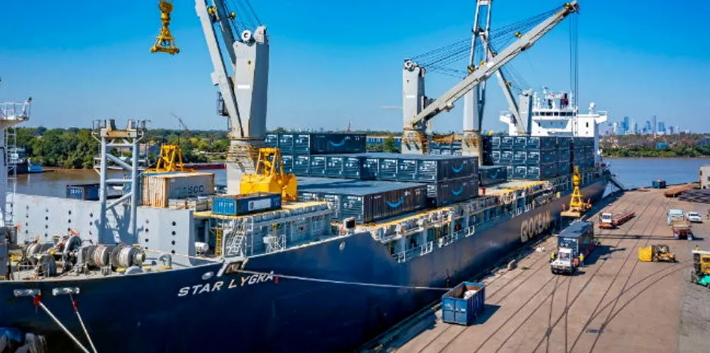 Amazon's containers are unloaded at Port Houston. The ship is G2 Ocean's Star Lygra.