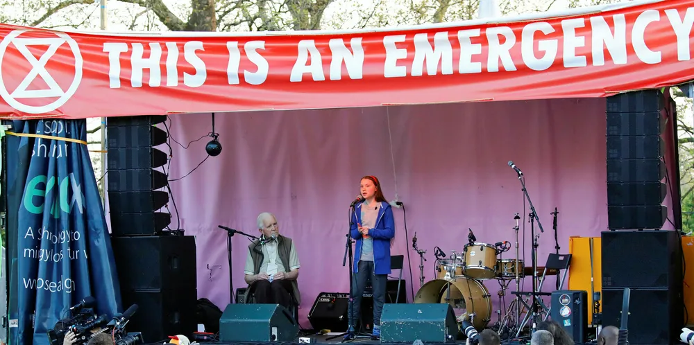 Swedish climate change activist Greta Thunberg speaks at the Extinction Rebellion group's environmental protest camp at Marble Arch in London in April 2019.