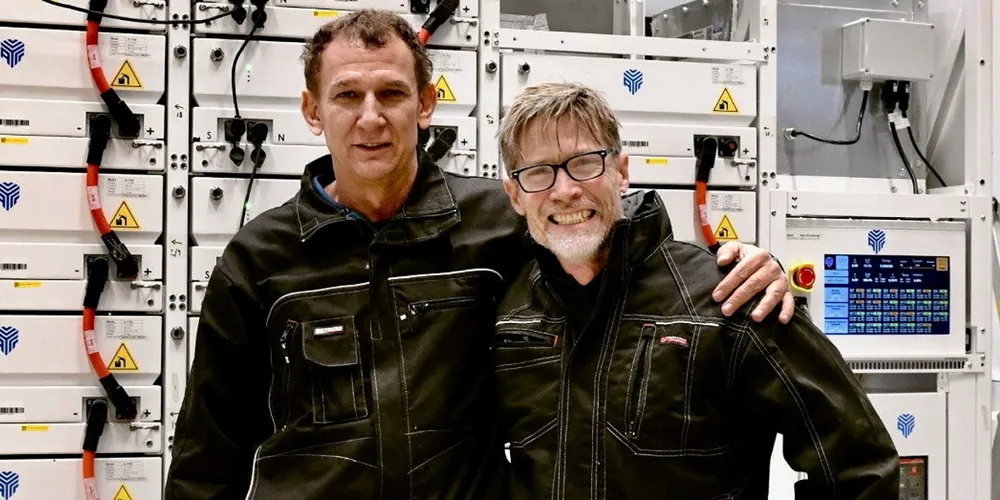 AYK Energy president Chris Kruger (left) and sales director Ed Carney with their batteries.