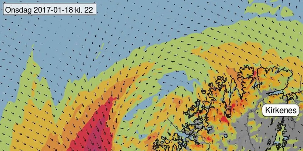 Meteorologene øker overvåkingen av et uvær i Nord-Norge. Det er ventet sterk storm om mulig orkan som kan utvikle seg til eksremvær. Foto: Meteorologisk institutt.