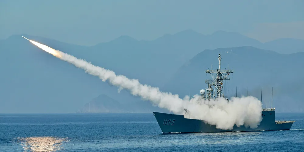 Taiwanese navy launches a US-made Standard missile from a frigate during the annual Han Kuang Drill, on the sea near the Suao navy harbor in Yilan county on July 26, 2022