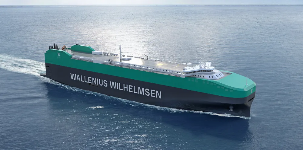 A computer-generated render of the 9,350-ceu dual-fuel car carriers for which Wallenius Wilhelmsen has signed a letter of intent with Jinling Shipyard in Jiangsu, China. The ships will be build to a Deltamarin design and it is hoped that the LoI will be converted to a contract by the end of 2023.