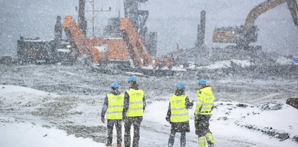 Construction work at Gigante Salmon's land-based facility in Rodoy municipality south of Bodo. The company will build three giant tanks, where a flow-through plant will produce salmon on land, on a small islet.