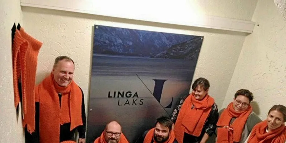 SKJERF: Lingalaks strikkekampanje for Kirkens Bymisjon. Fra venstre stående: Per Morten Storholm, sittende Kristine Biseth, Svein Inge Henriksen, Leif Aksnes, stående Siri Ørstavik, Åse Bråthun og Trine Johansen.Foto: Privat