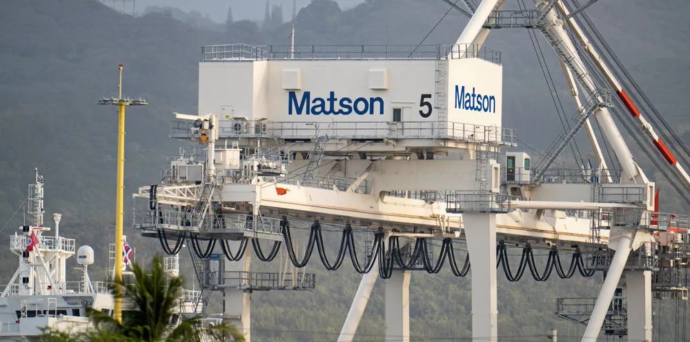The Matson logo is seen at the company’s port facility in Honolulu. The Hawaiian company controls a fleet of mostly US-flag vessels.