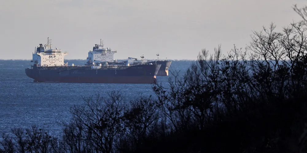 Crude oil tankers, including the Troitsky Bridge, lie at anchor in Nakhodka Bay near the port city of Nakhodka, Russia in December 2022.