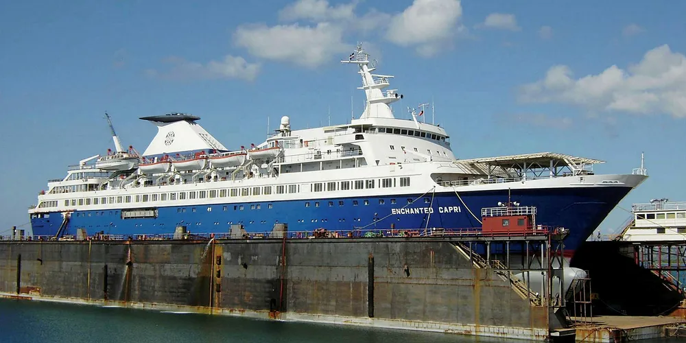 The Enchanted Capri, seen here in dry dock, has been used as an offshore accommodation ship for the Mexican offshore oil industry since 2003.
