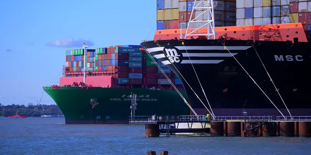 An MSC container ship at the port of Felixstowe.