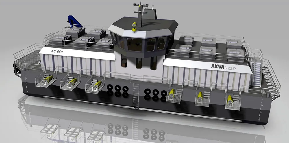Akva AC600VR barges with storage capacities of 600 metric tons can feed several pens at the same time or switch between different types of feed.