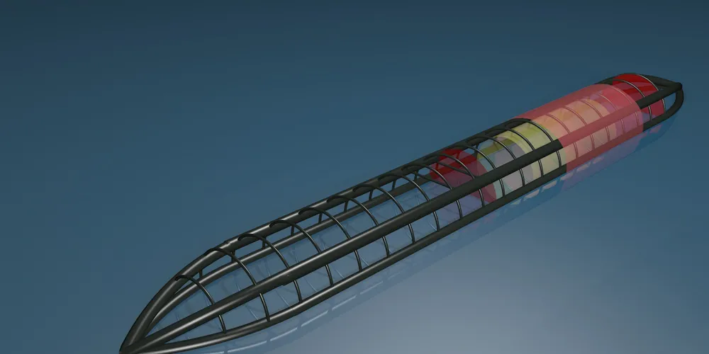 VERDENS STØRSTE LAKSEMERD: Supertankmerden til Gigante Offshore skal være 500 meter lang og ha en diameter på 40 meter. Det skal produseres 10.000 tonn laks i året i merden. Supertankmerden blir verdens største for laks. (SKISSE: GIGANTE OFFSHORE)