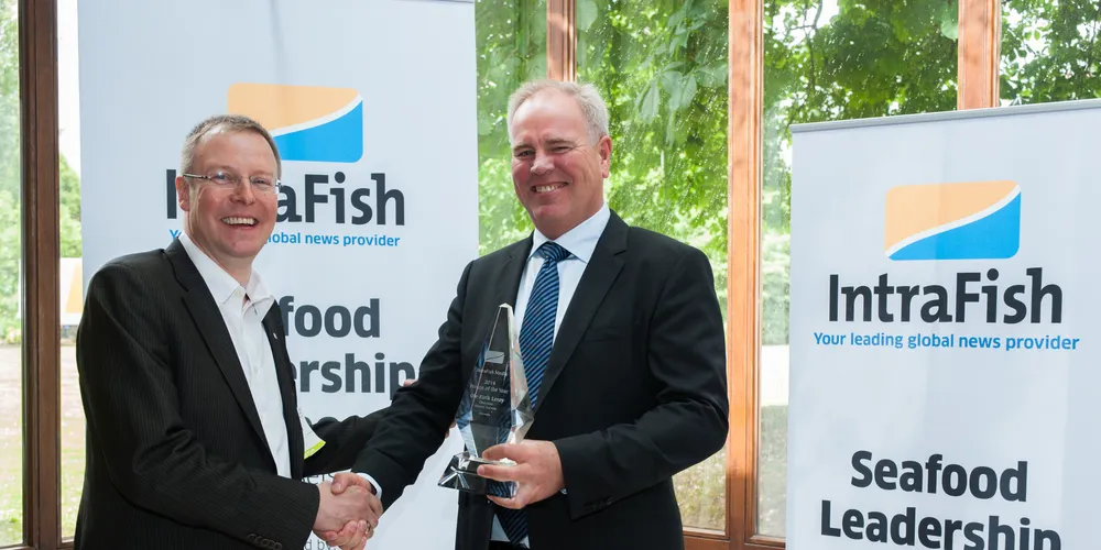 IntraFish's Pal Korneliussen with IFM Person of the Year award winner Ole-Eirik Leroy of Marine Harvest