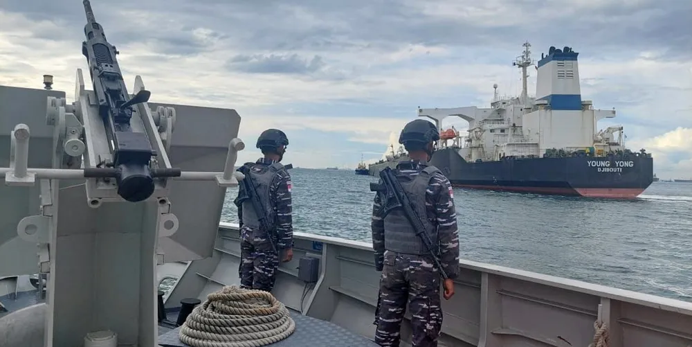 The Indonesian Navy stands guard over the grounded VLCC Young Yong.