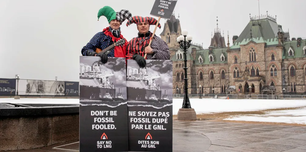 The ‘Say No To LNG’ global campaign launched on April Fool’s Day with this protest outside the parliament building in Ottawa, Canada.