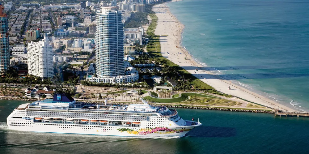 The cruise ship Norwegian Sky departs Miami in 2015. The ship is controlled by Norwegian Cruise Line.