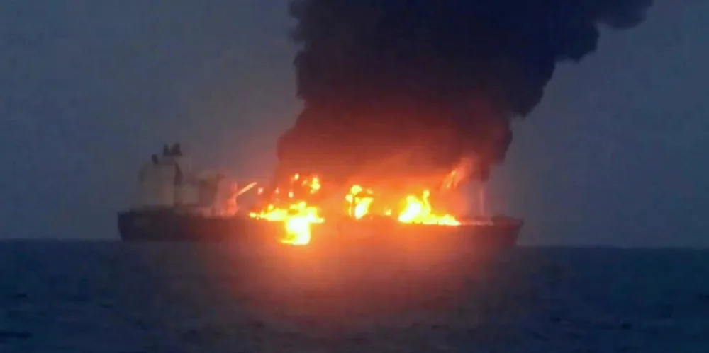 Still from a video purportedly showing the attack on the suezmax Sounion.