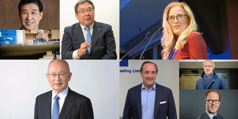 Clockwise from top left: HMM chief executive Jae-hoon Bae; NYK Line president Hitoshi Nagasawa; International Seaways chief executive Lois Zabrocky; BW LPG chief executive Anders Onarheim; Euronav chief executive Hugo De Stoop; Genco Shipping & Trading chief executive John Wobensmith; K Line president Yukikazu Myochin; and Wallenius Wilhelmsen acting chief executive Torbjorn Wist. All lead companies that are among shipping’s top five-ranked in ESG ratings by Webber Research, The Governance Group and Refinitiv.