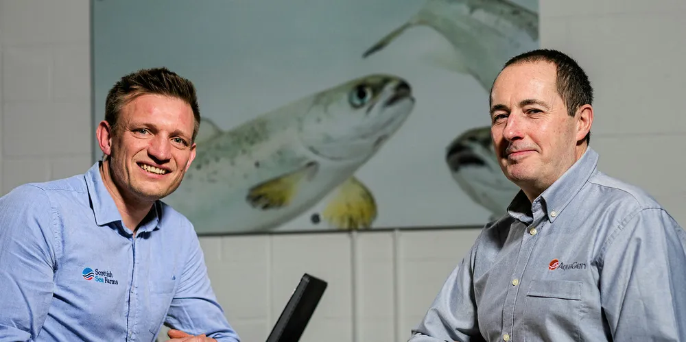 Scottish Sea Farms’ Head of Fish Health Ralph Bickerdike (left) with AquaGen Scotland Managing Director Andrew Reeve (right).