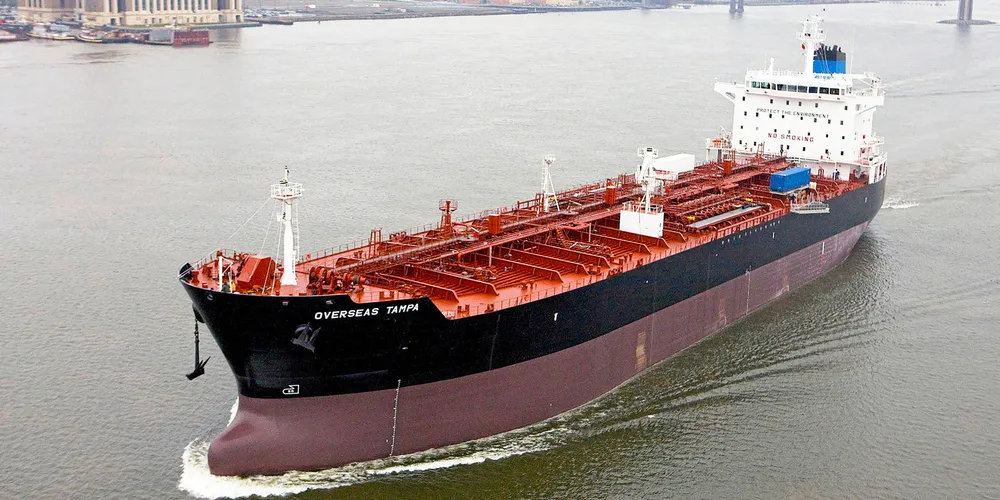 The 46,911-dwt tanker Overseas Tampa (built 2011), pictured in San Francisco Bay in 2014, is one of nine virtually identical American Shipping Co-owned vessels on charter to Overseas Shipholding Group (OSG). Photo: Bill Abbott/CC BY-SA 2.0