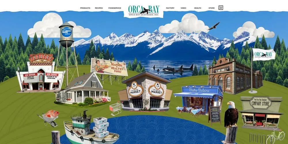 The new Orca Bay website is set up as "Orca Bay Town" to help retail and foodservice professionals and consumers navigate the site.