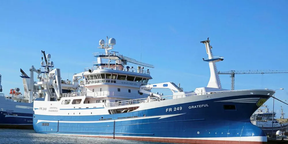 Skotske båter fisker også i danske farvann og søker danske havner for å levere fangst, nybygging og reparasjon, som «Grateful» og «Voyager», som her ligger i havn i Skagen.Foto: Nils Torsvik/Fiskeribladet