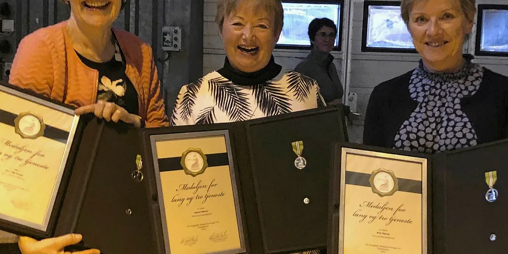 BLE HEDRET: Toril Vik Veland (f.v.), Ingunn Eikeset og Britt Ryland var tydelig overrasket og stolte av å ha blitt tildelt Norges Vel Medalje for lang og tro tjeneste.