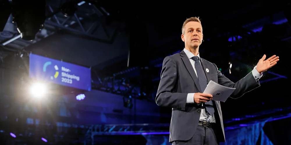 Norwegian Shipowners’ Association chief executive Knut Arild Hareide speaks at Nor-Shipping 2023. At the time, he was in his role as director general at the Norwegian Maritime Authority.