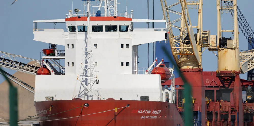 The Russian cargo ship Baltic Leader is seen after it was diverted for allegedly violating EU-imposed sanctions on Moscow over the invasion of Ukraine.