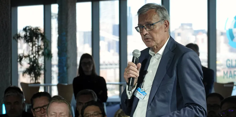 DFDS chairman Claus Hemmingsen speaks at the Global Maritime Forum’s annual summit in New York. He is also a forum board member. Photo: Eric Priante Martin