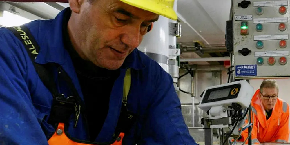 Jostein Saltskår (t.v.), Jan Tore Øvredal og Terje Jørgensen i full sving med å sortere og lengdemåle fangst på det aller siste toktet for Crisp.