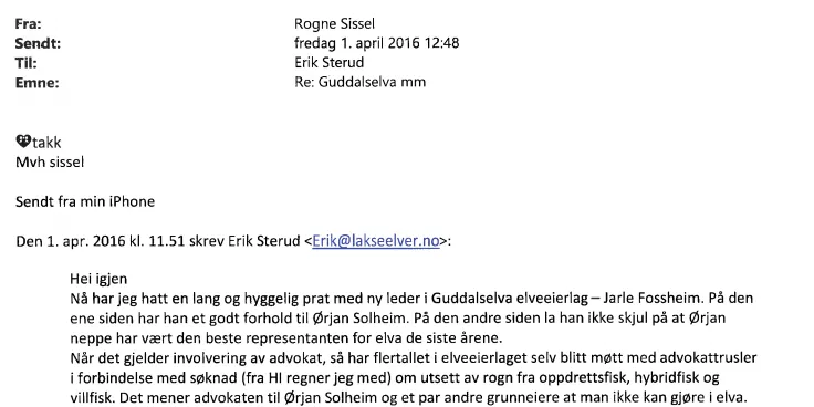 E-posten Rogne sendte til Sterud 1. april 2016