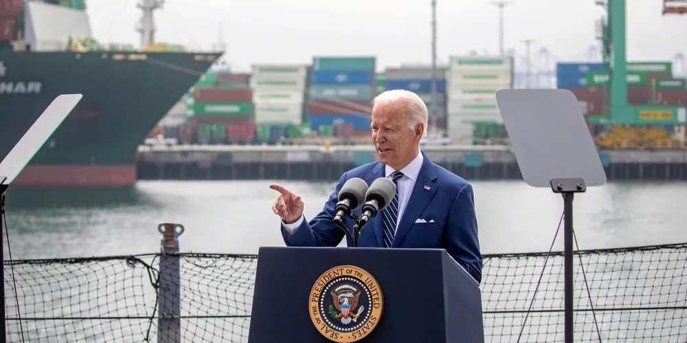 US President Joe Biden speaks at the Port of Los Angeles in 2022.