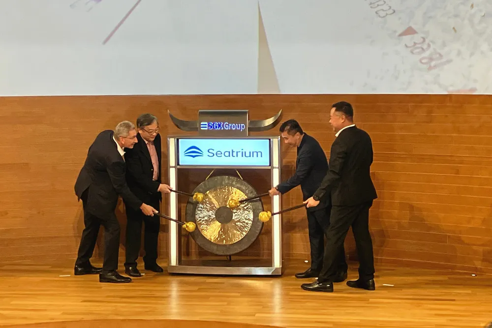 SGX debut: Seatrium chief executive Chris Ong (far right) and company chairman Mark Gainsborough (far left) in April 2023.